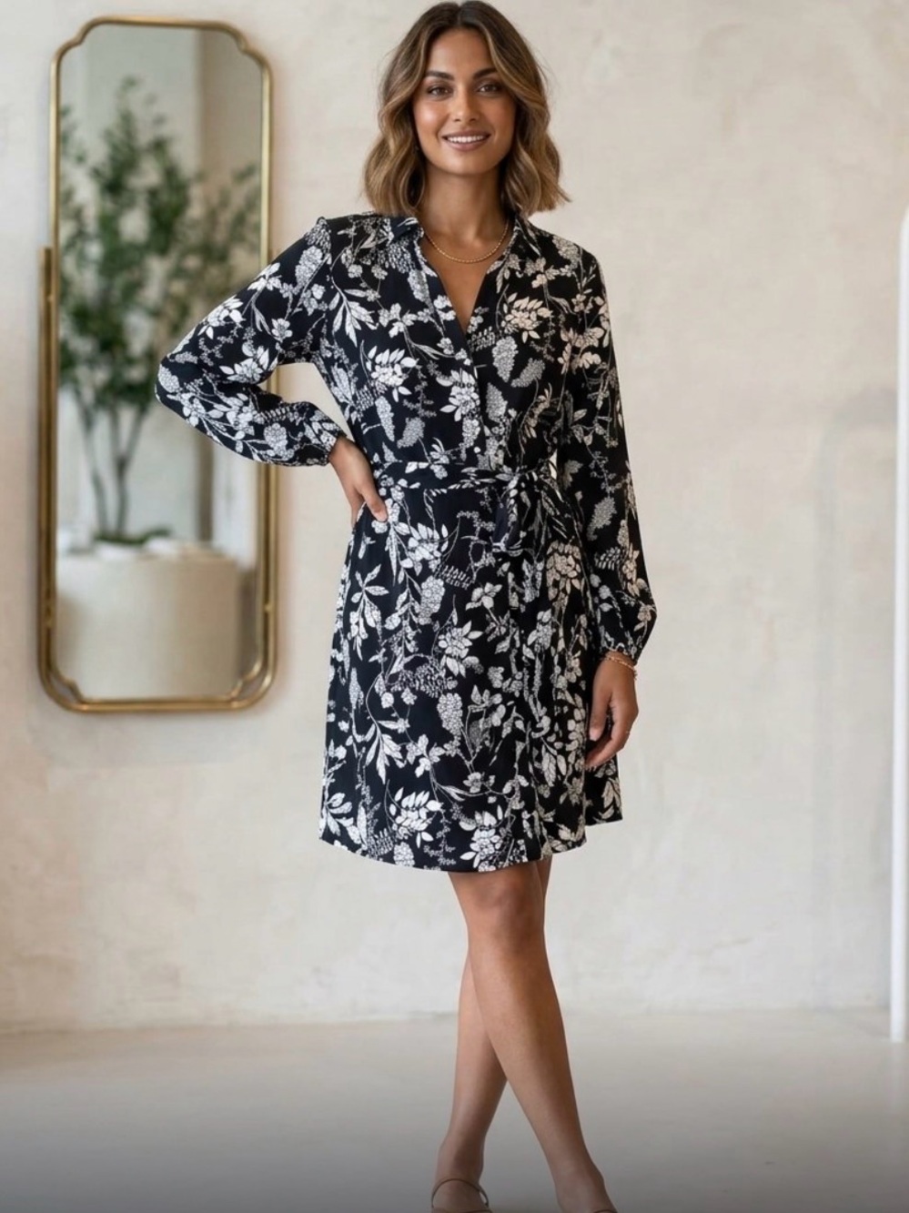 Well Worn Black and White Floral Wrap Dress with Tie Waist